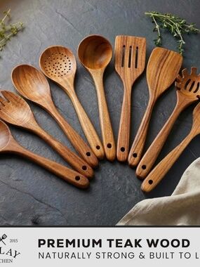 Zulay Kitchen 9pc Premium Teak Wood Cooking Utensils Set - Extra Large